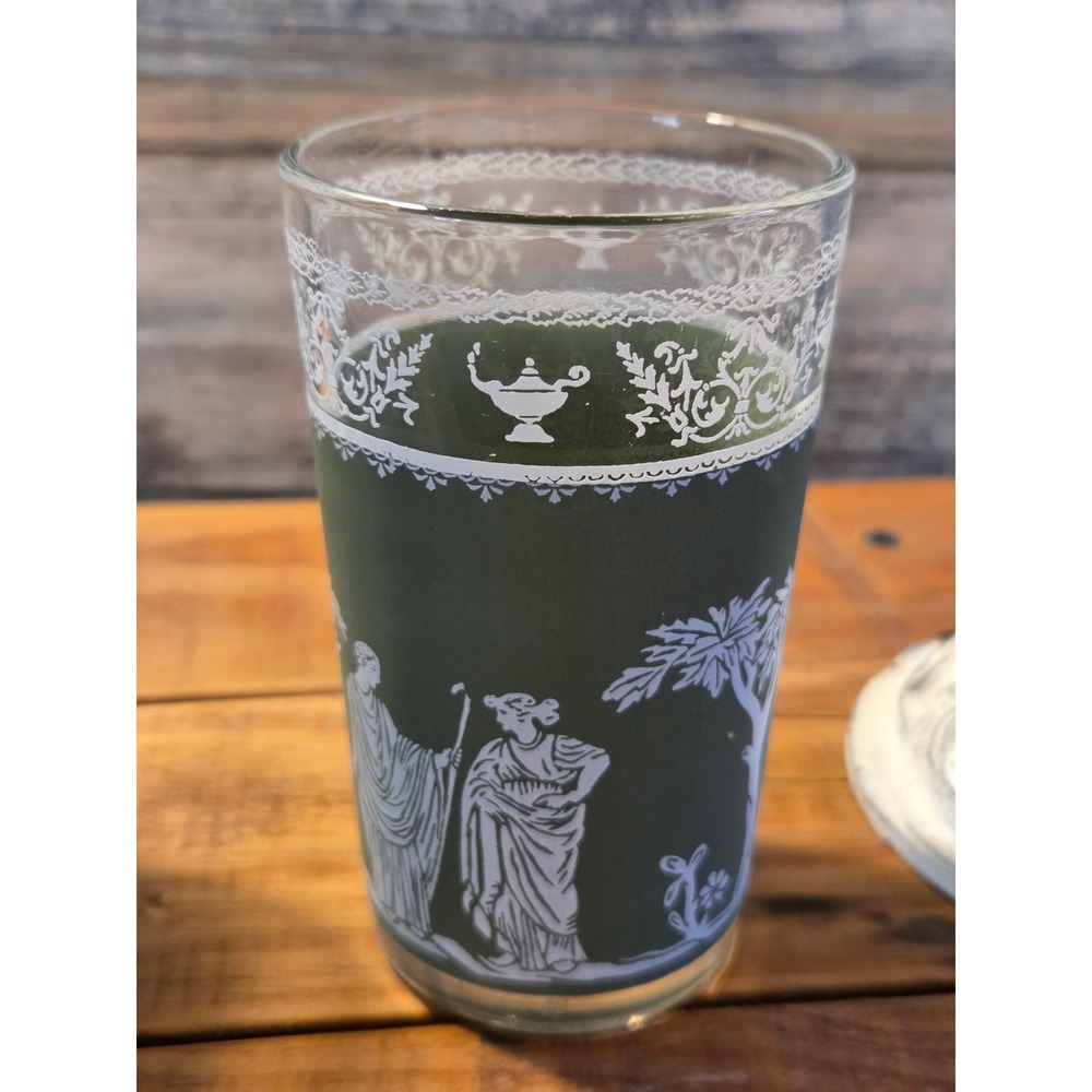 Vintage MCM Wedgewood Greek Hellenic Apollo Green Frosted Tumblers Glassware - Picture 5 of 11
